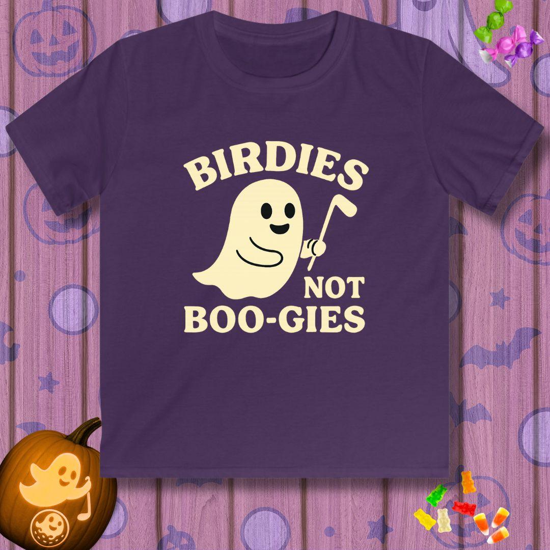 Birdies not BOO-GIES - Halloween - Youth Golf T-Shirt in Purple, great for casual wear. Find more fun golf focused products at oneforetheages.com