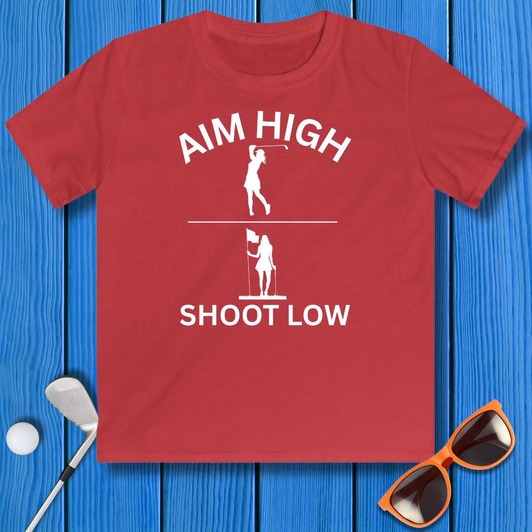 Aim High - Shoot Low - Girl - Youth in Red, great for casual wear. Find more fun golf focused products at oneforetheages.com