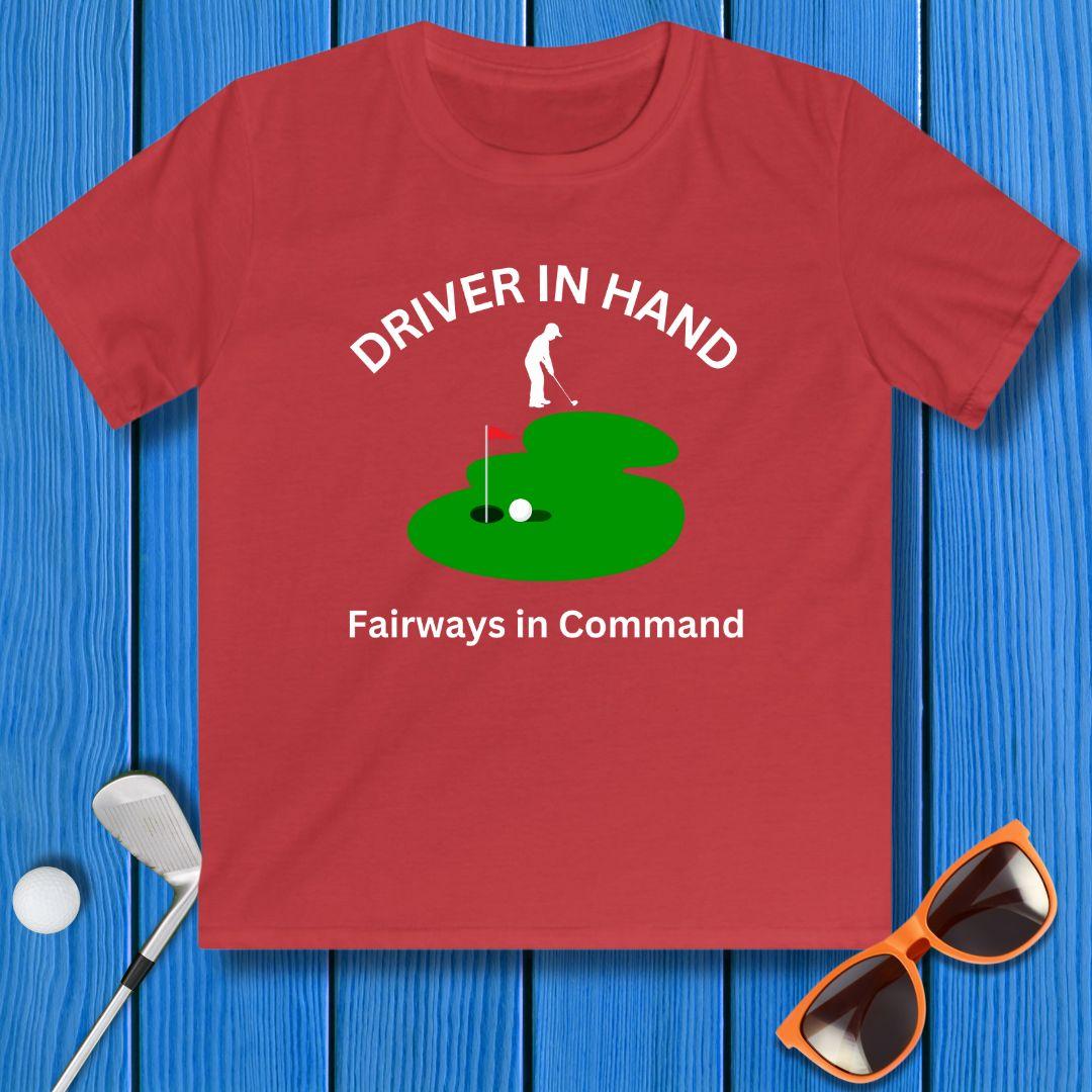 Driver in Hand - Fairways in Command - Junior Boy T-shirt in Red, great for casual wear. Find more fun golf focused products at oneforetheages.com
