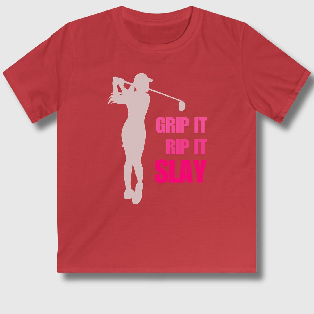 GRIP IT, RIP IT, SLAY (Female) - Youth Golf T-Shirt in Red