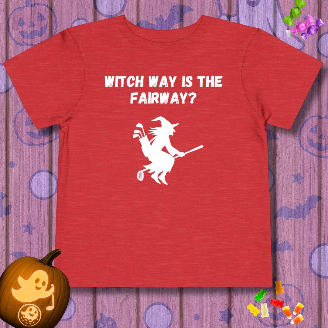 Witch Way is the Fairway? - Toddler Halloween T-shirt in Heather Red, great for casual wear. Find more fun golf focused products at oneforetheages.com