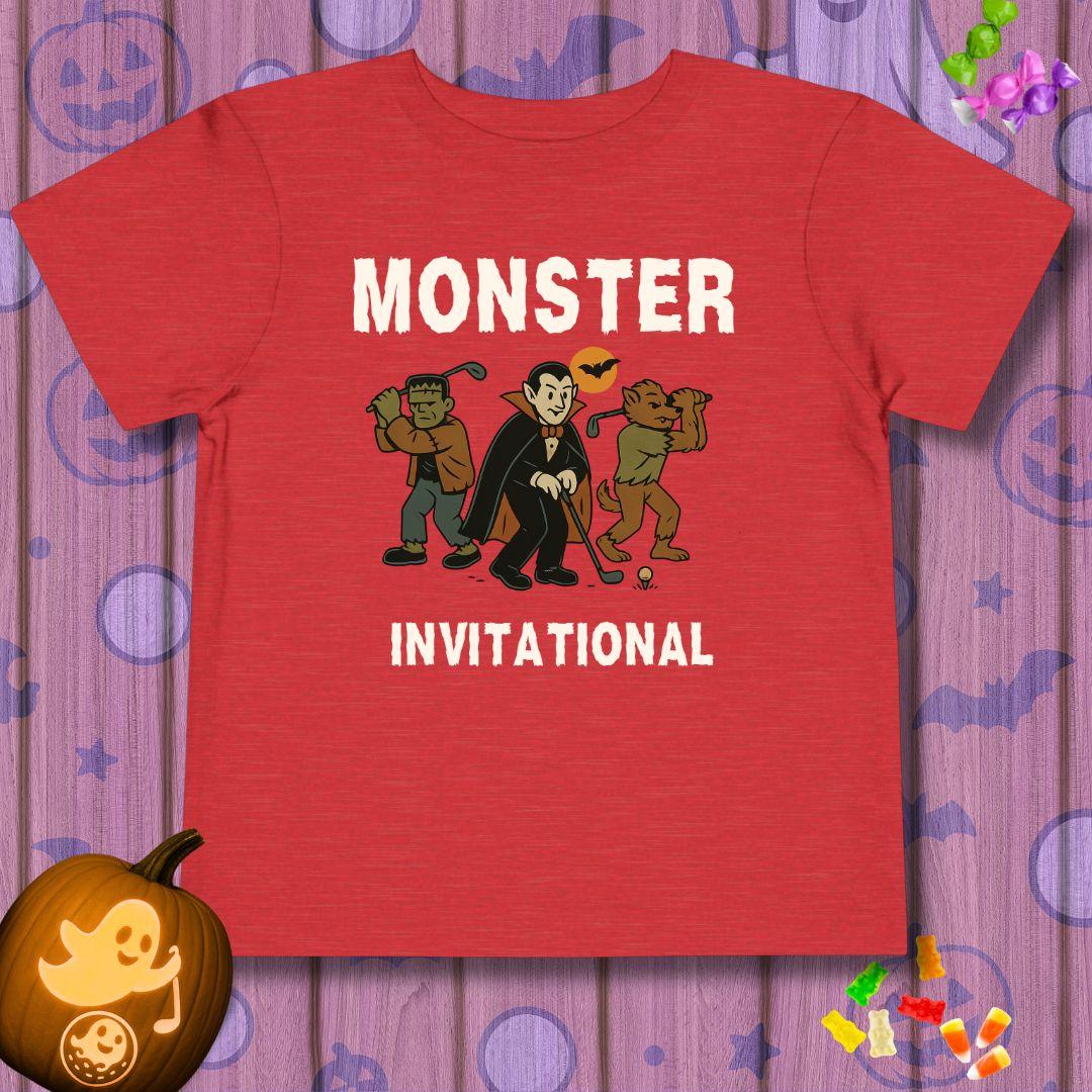 Monster Invitational - Toddler Halloween T-shirt in Heather Red, great for casual wear. Find more fun golf focused products at oneforetheages.com