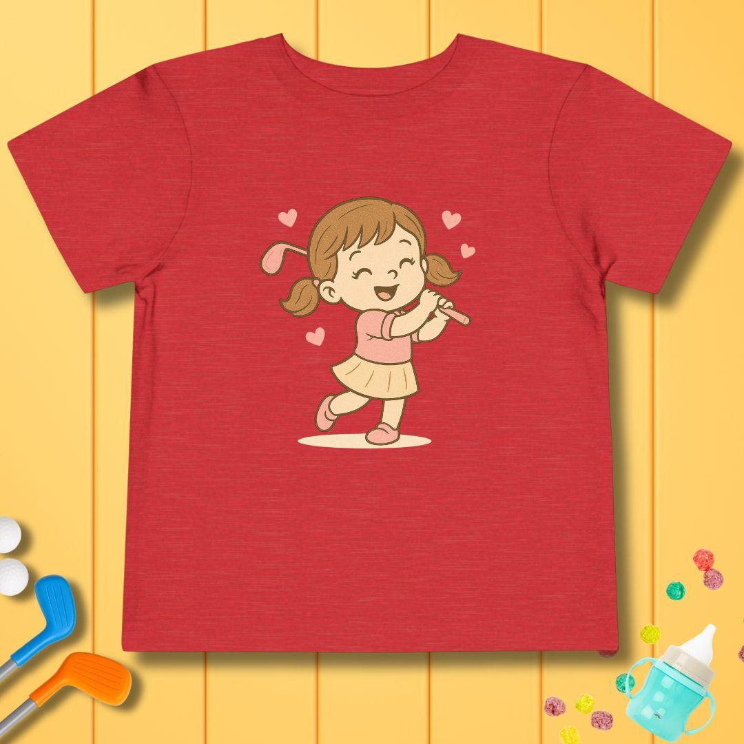 Happy Golfer Girl - Toddler T-Shirt in Heather Red, great for casual wear. Find more fun golf focused products at oneforetheages.com
