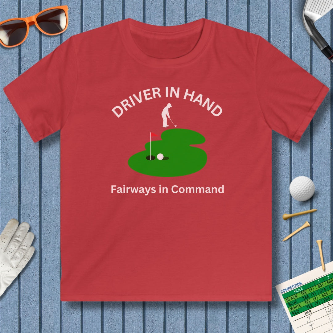 Driver in Hand - Fairways in Command (Male) - Youth Golf T-Shirt in Red