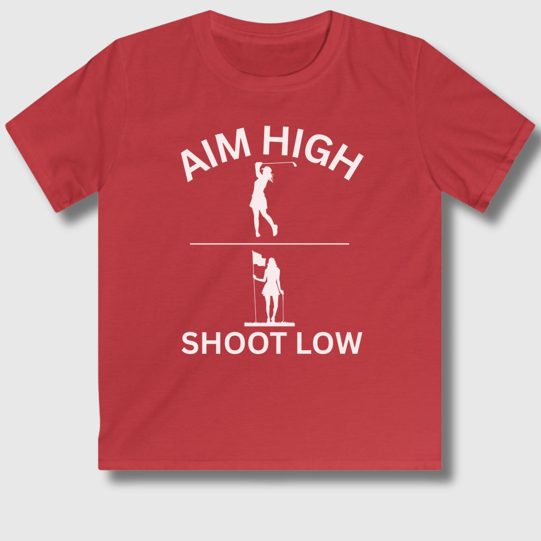 Aim High - Shoot Low (Female) - Youth Golf T-Shirt in Red
