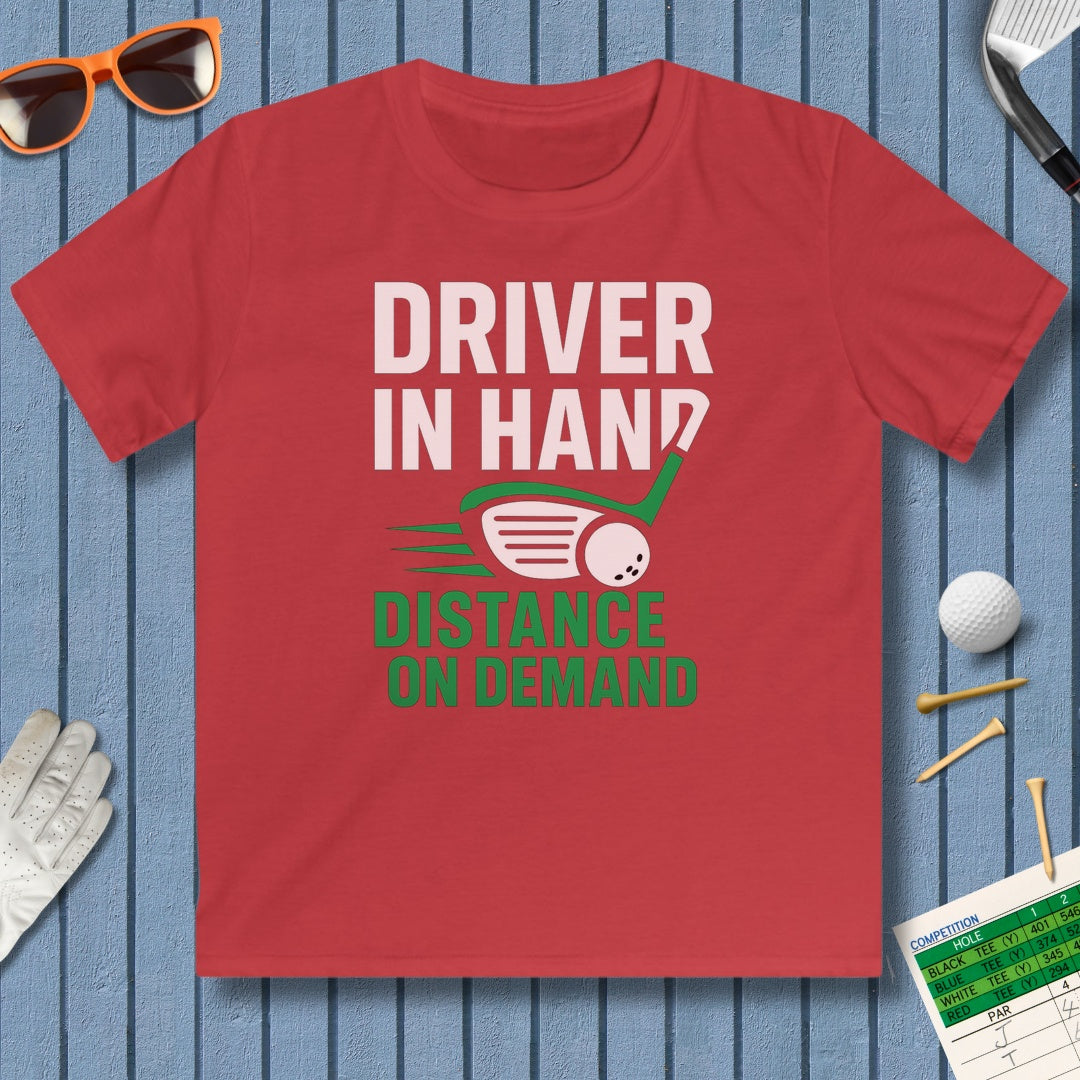 Driver in Hand - Distance on Demand - Youth Golf T-Shirt in Red