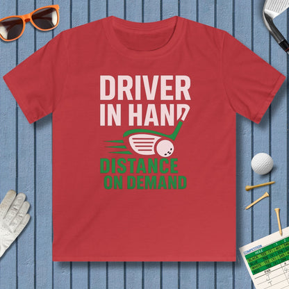 Driver in Hand - Distance on Demand - Youth Golf T-Shirt in Red