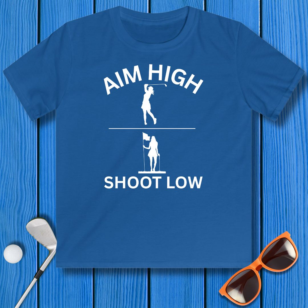 Aim High - Shoot Low - Girl - Youth in Royal, great for casual wear. Find more fun golf focused products at oneforetheages.com