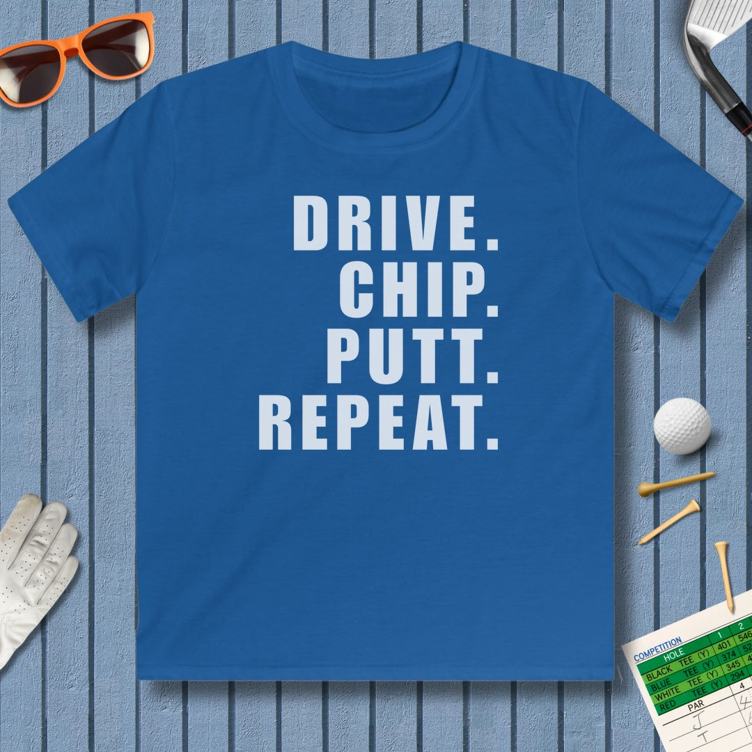 DRIVE CHIP PUTT REPEAT - Youth Golf T-Shirt in Royal