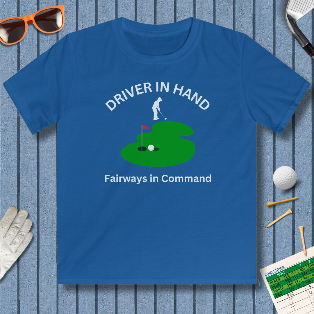 Driver in Hand - Fairways in Command (Male) - Youth Golf T-Shirt in Royal