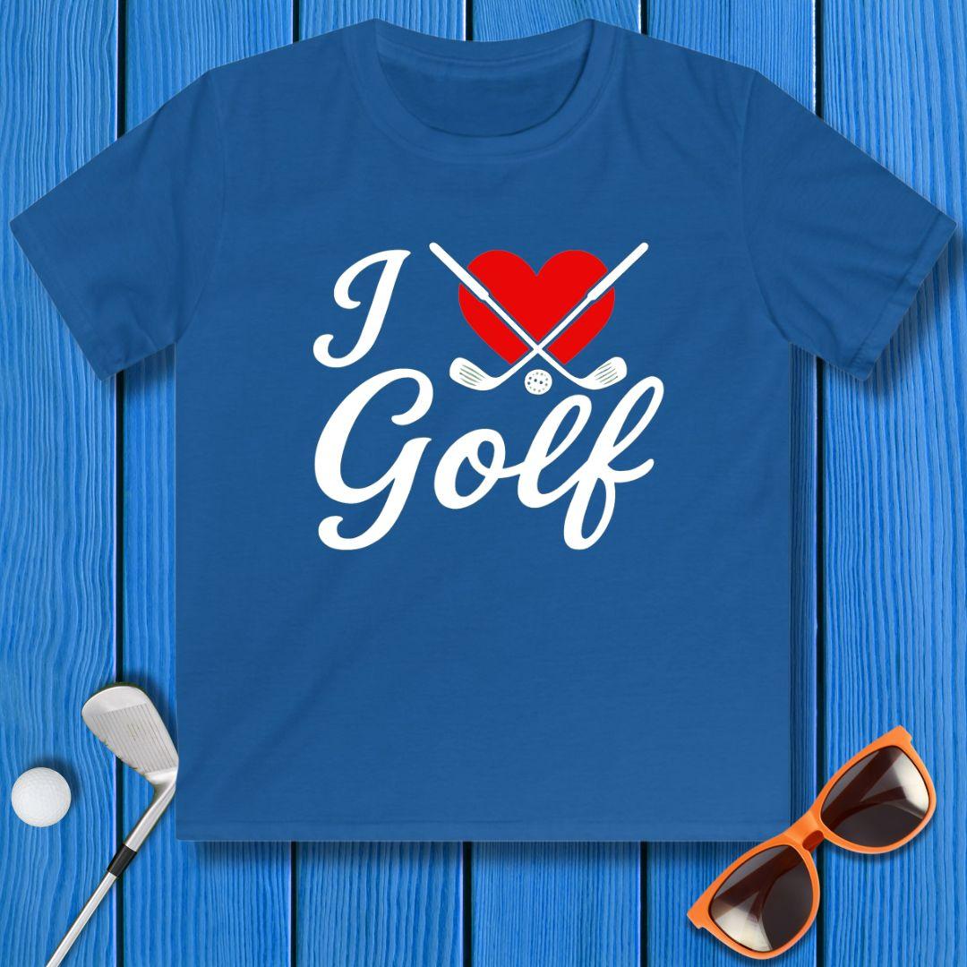 I Love Golf - Youth T-shirt in Royal, great for casual wear. Find more fun golf focused products at oneforetheages.com