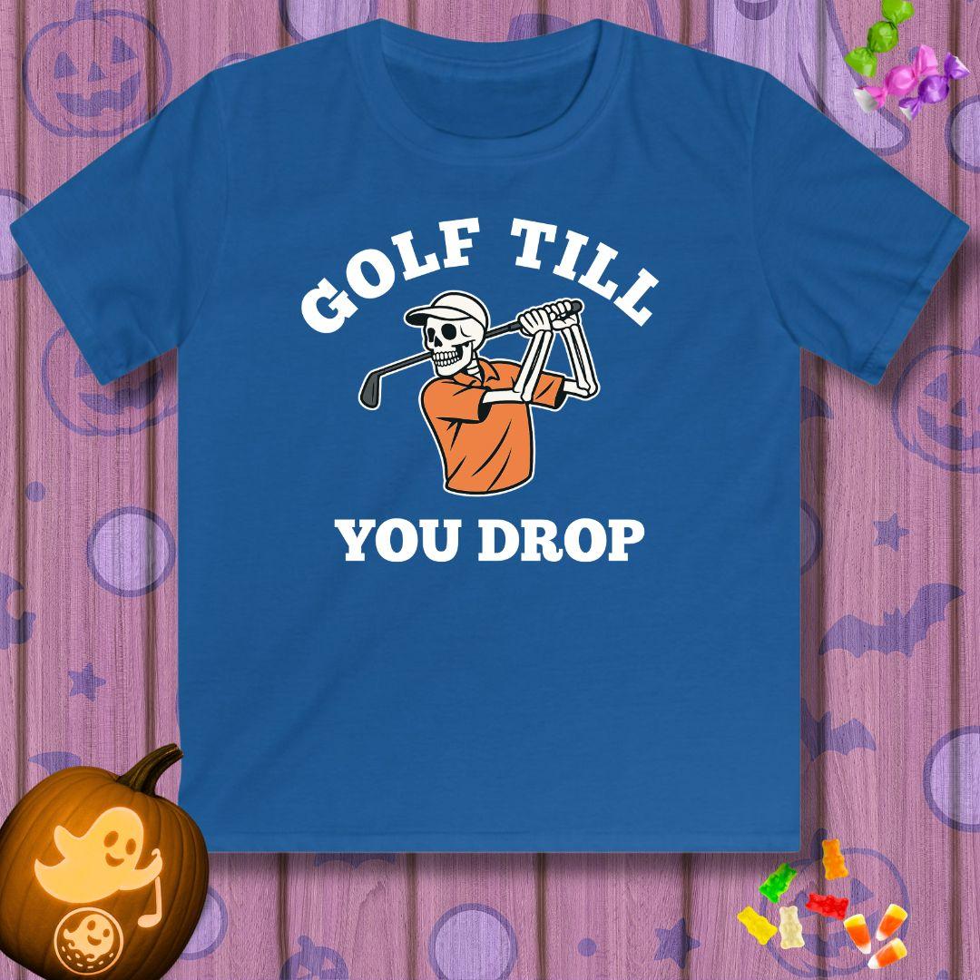 Golf Till You Drop - Youth Halloween T-shirt in Royal, great for casual wear. Find more fun golf focused products at oneforetheages.com