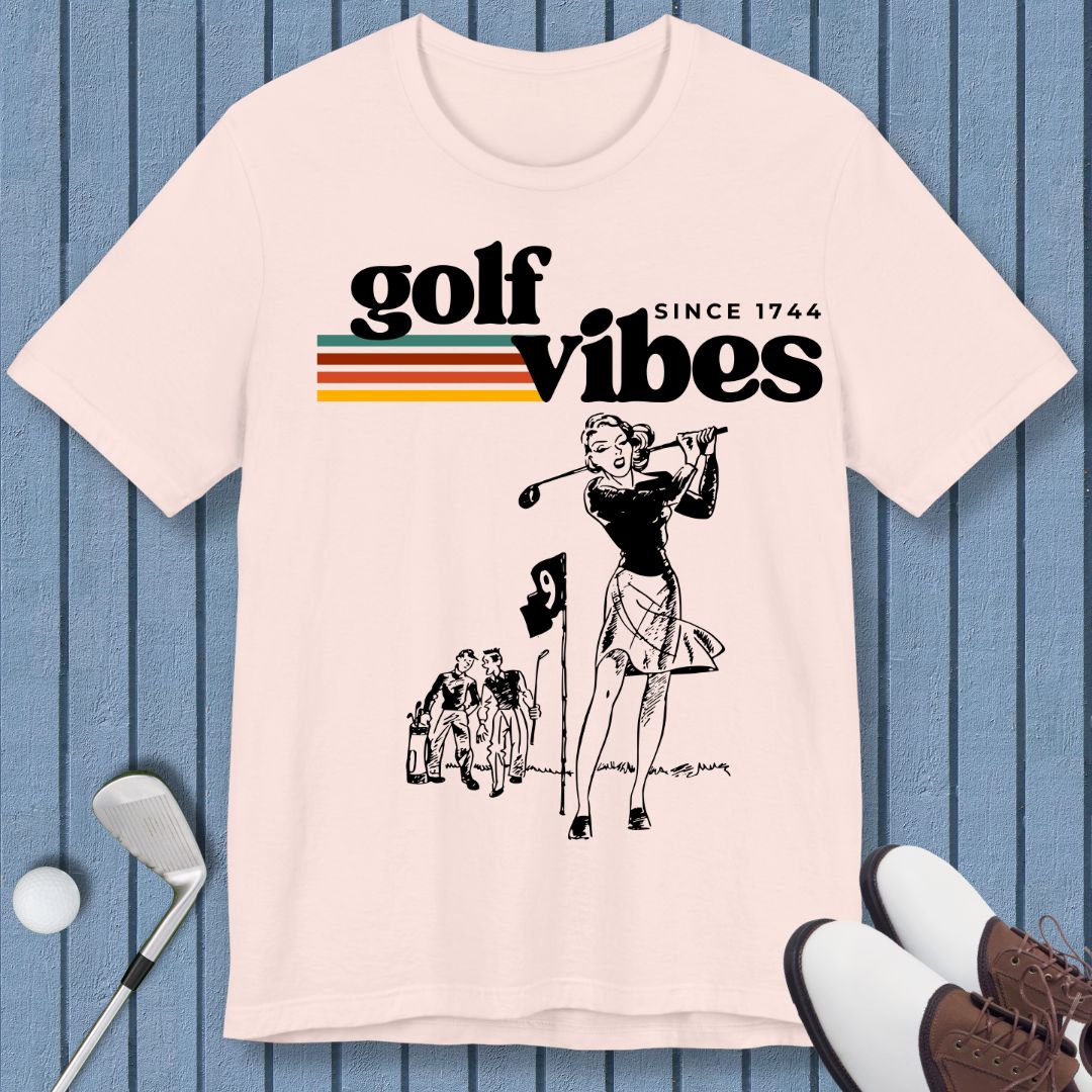 Golf Vibes | Retro T-shirt in Soft Pink, great for casual wear. Find more fun golf focused products at oneforetheages.com