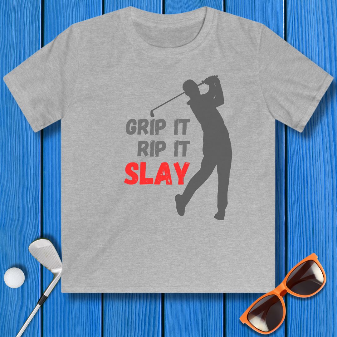 GRIP IT, RIP IT, SLAY - Youth Boys T-shirt in Sport Grey, great for casual wear. Find more fun golf focused products at oneforetheages.com
