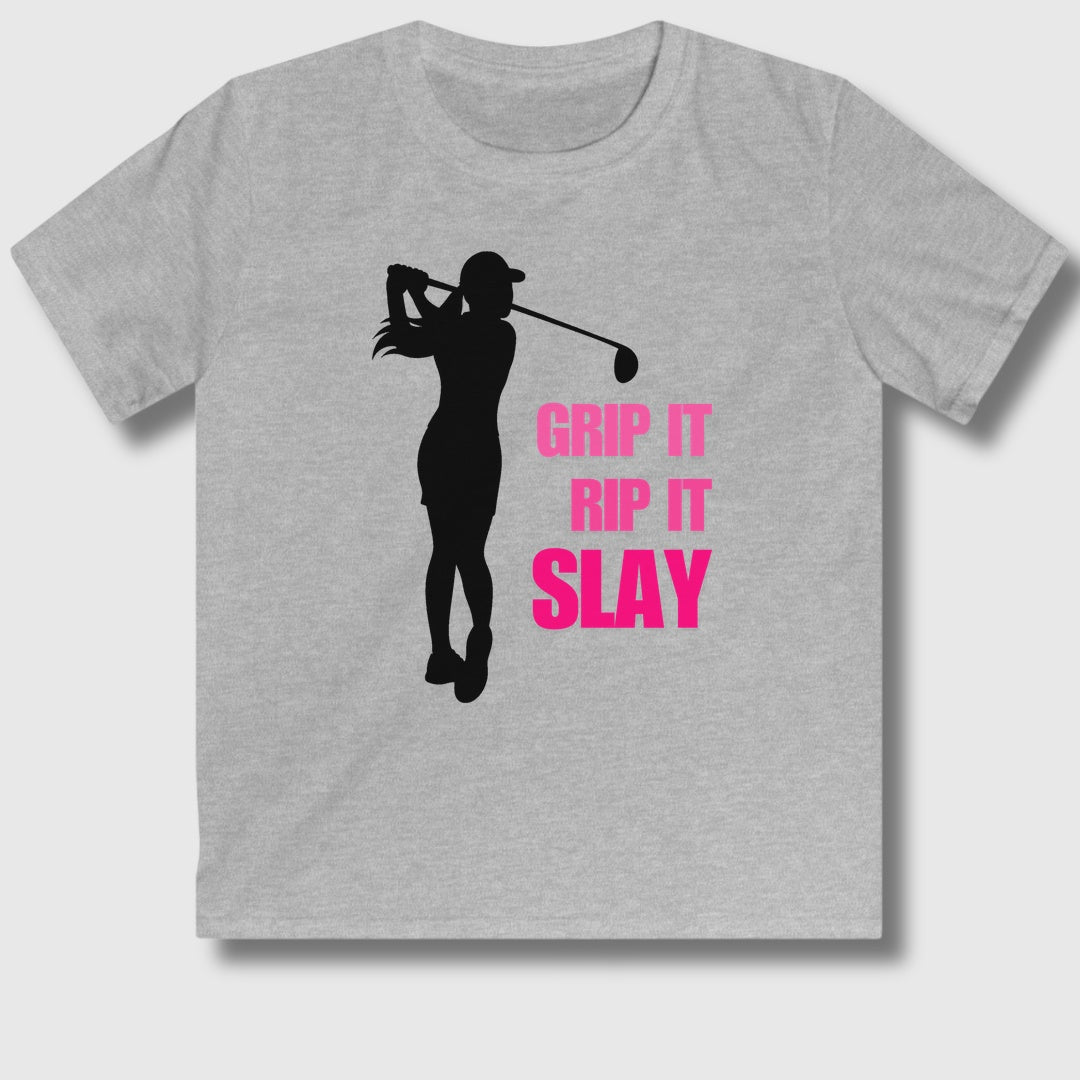 GRIP IT, RIP IT, SLAY (Female) - Youth Golf T-Shirt in Sport Grey