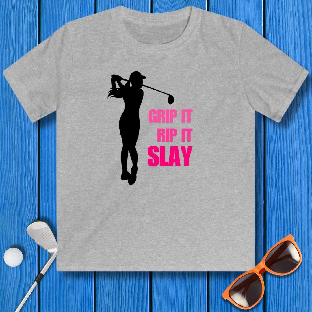 GRIP IT, RIP IT, SLAY - Youth Girls T-shirt in Sport Grey, great for casual wear. Find more fun golf focused products at oneforetheages.com