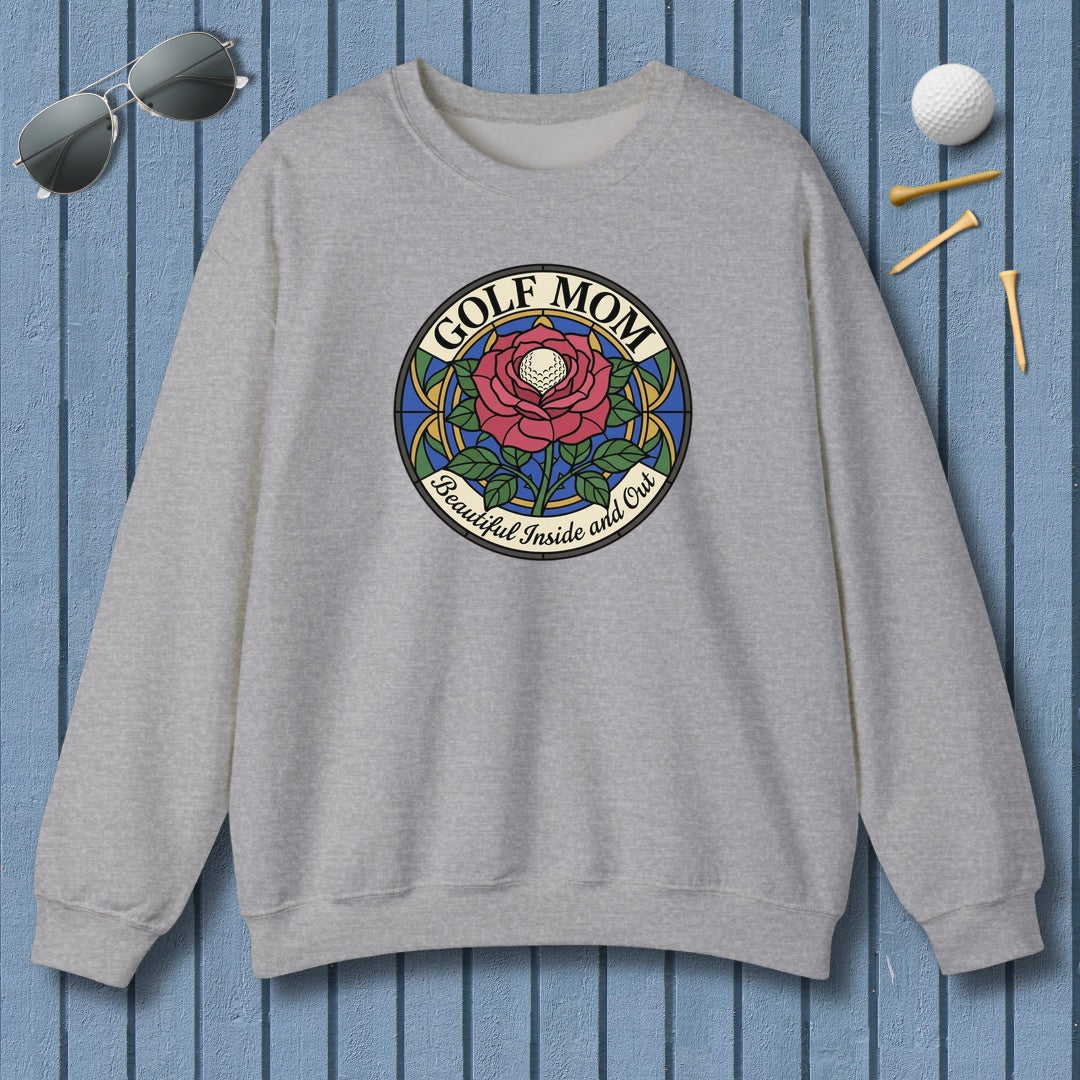 GOLF MOM: BEAUTIFUL INSIDE AND OUT, Stained Glass Rose Tee - Adult Golf Sweatshirt in Sport Grey