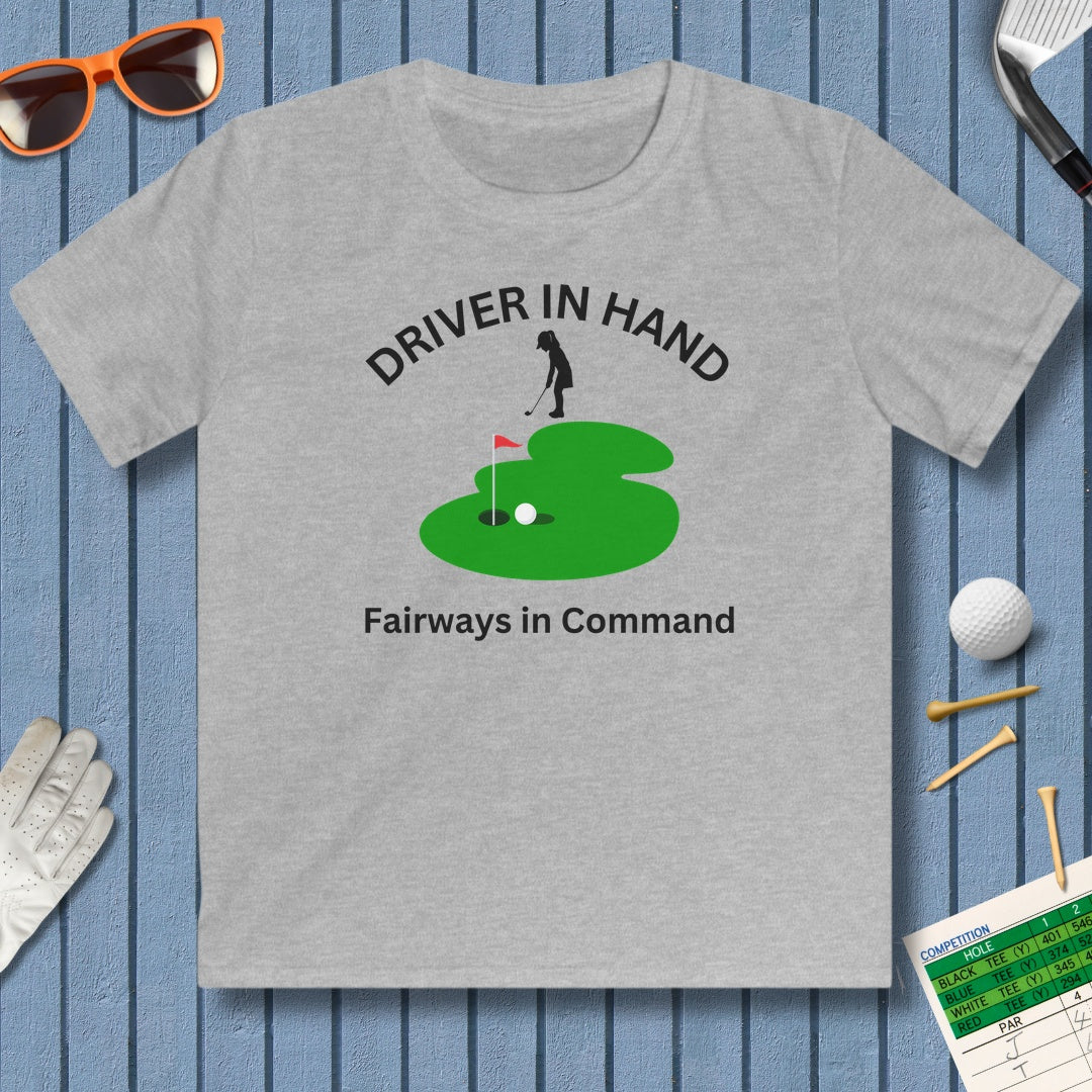Driver in Hand - Fairways in Command (Female) - Youth Golf T-Shirt in Sport Grey