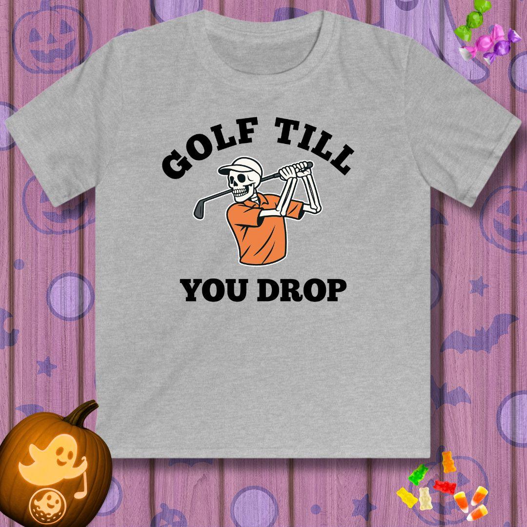 Golf Till You Drop - Youth Halloween T-shirt in Sport Grey, great for casual wear. Find more fun golf focused products at oneforetheages.com