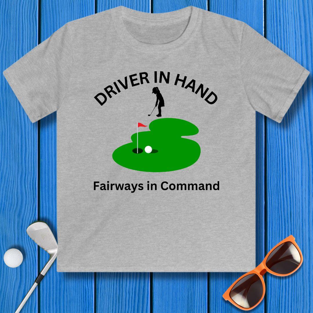 Driver in Hand - Fairways in Command - Junior Girl T-shirt in Sport Grey, great for casual wear. Find more fun golf focused products at oneforetheages.com