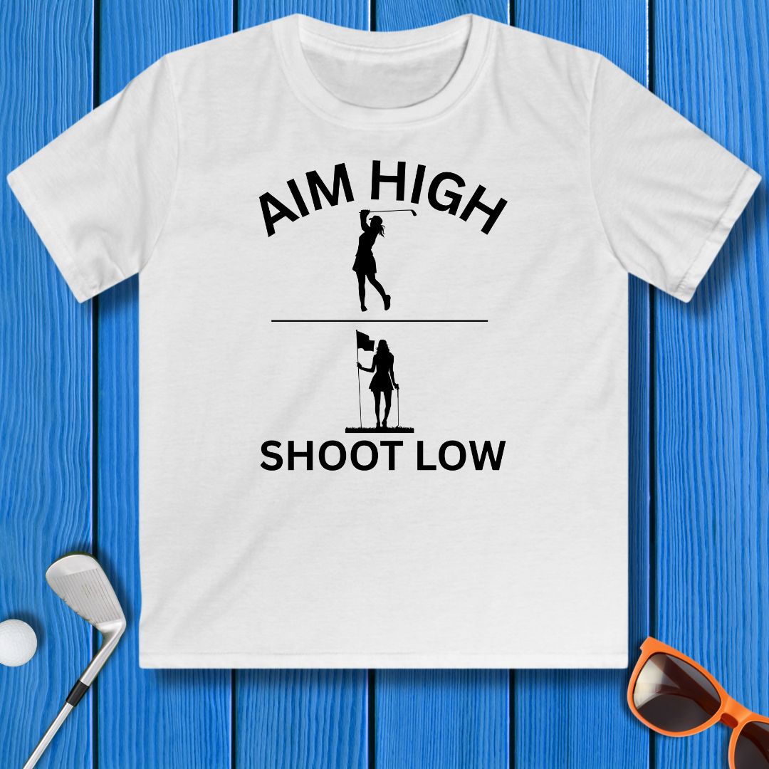 Aim High - Shoot Low - Girl - Youth in White, great for casual wear. Find more fun golf focused products at oneforetheages.com