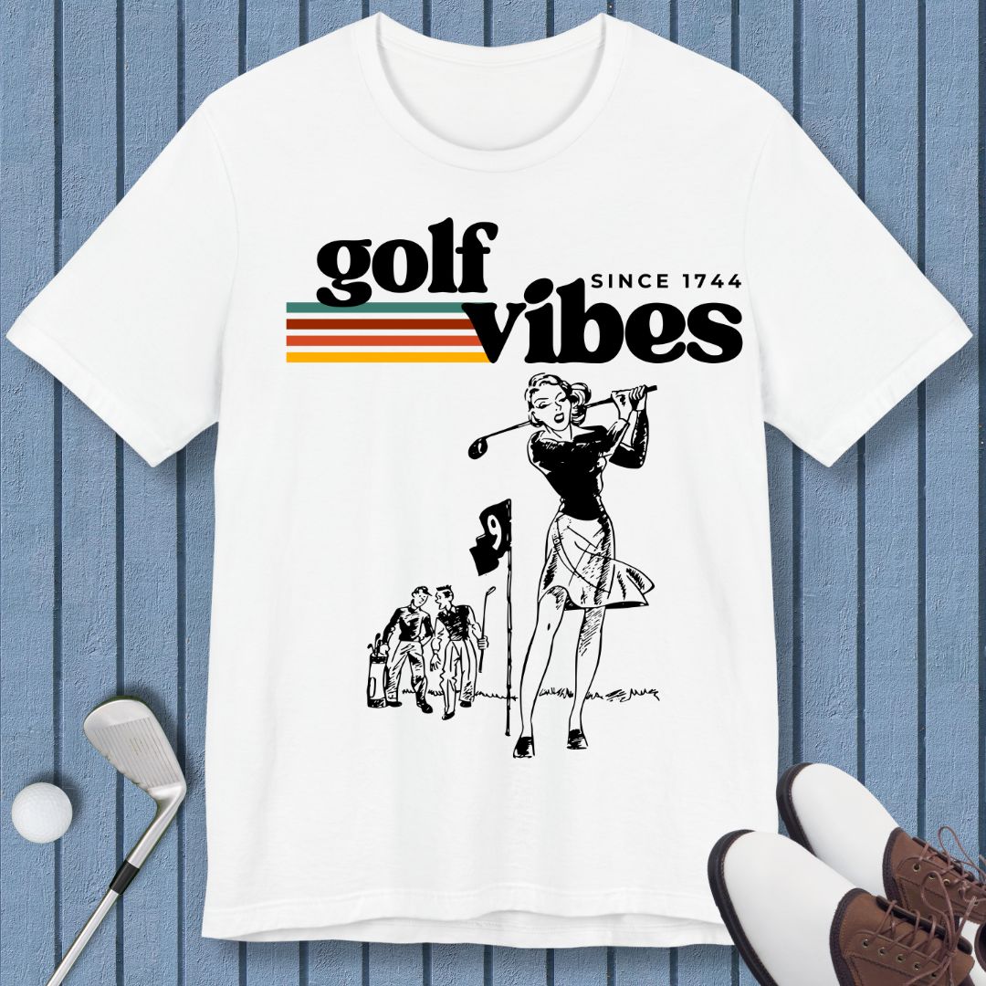 Golf Vibes | Retro T-shirt in White, great for casual wear. Find more fun golf focused products at oneforetheages.com