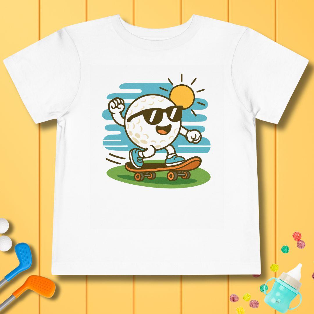 Skate the Fairway – Toddler T-Shirt in White, great for casual wear. Find more fun golf focused products at oneforetheages.com