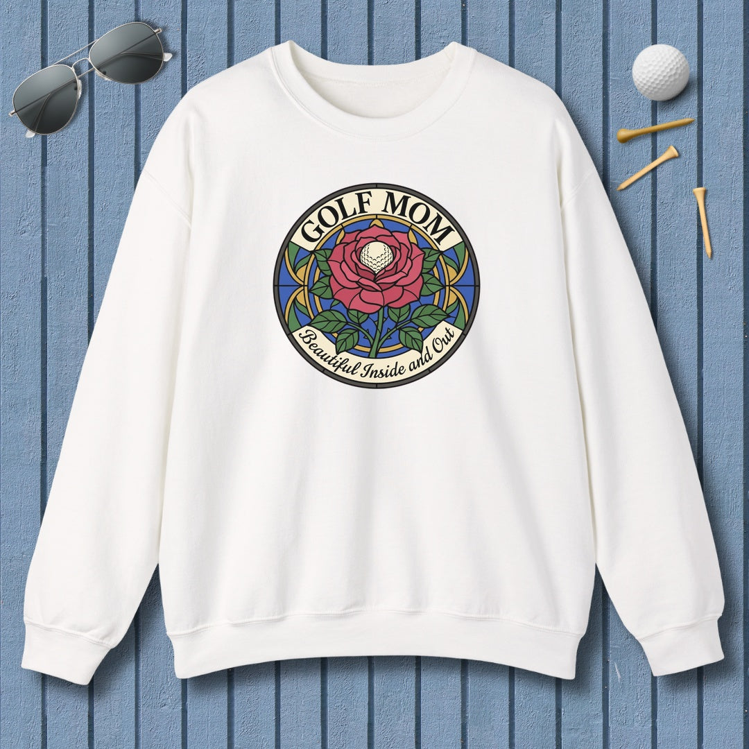 GOLF MOM: BEAUTIFUL INSIDE AND OUT, Stained Glass Rose Tee - Adult Golf Sweatshirt in White