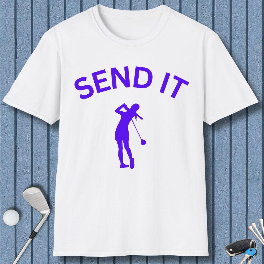 SEND IT - Female - T-Shirt in White, great for casual wear. Find more fun golf focused products at oneforetheages.com