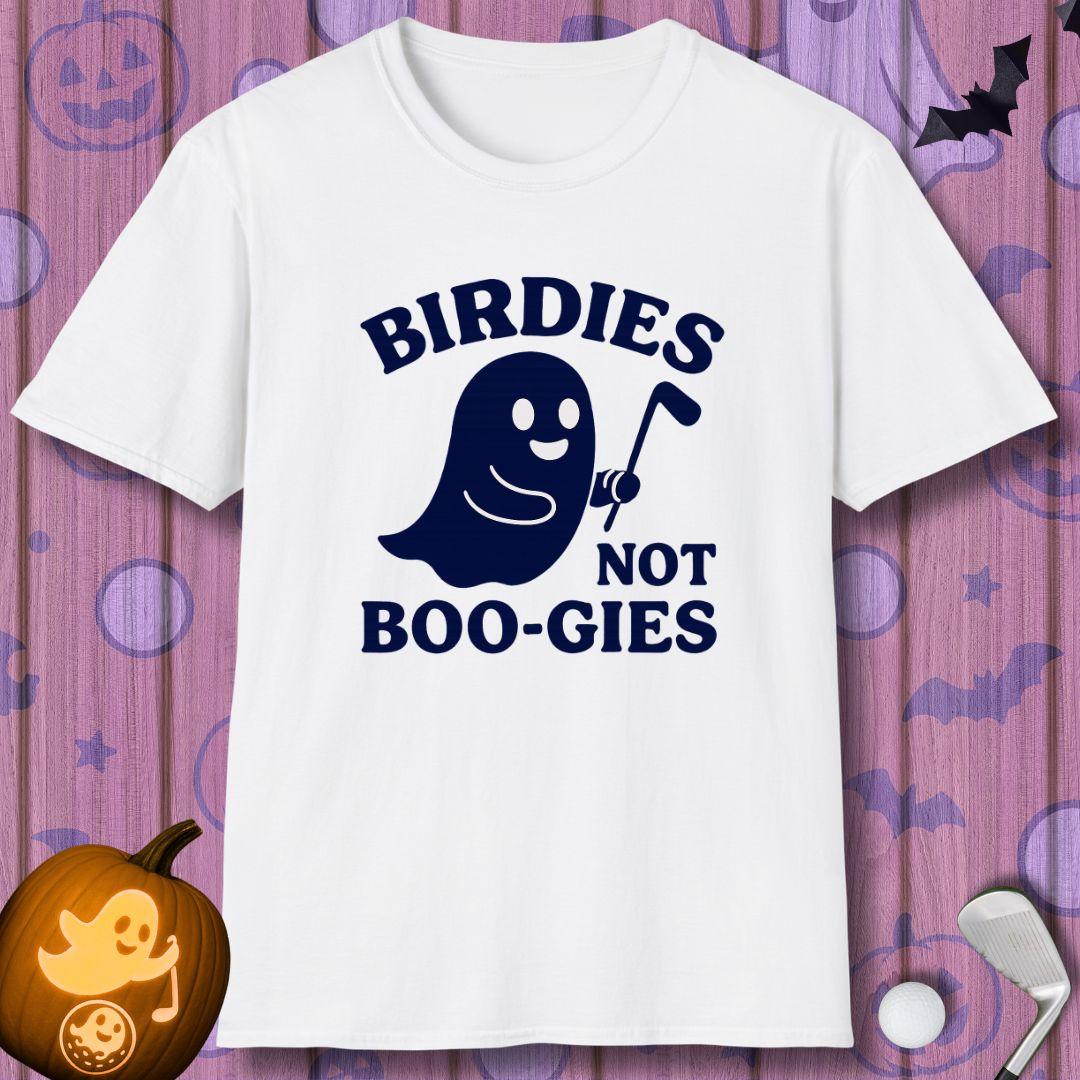 Birdies not BOO-GIES - Halloween T-shirt in White, great for casual wear. Find more fun golf focused products at oneforetheages.com