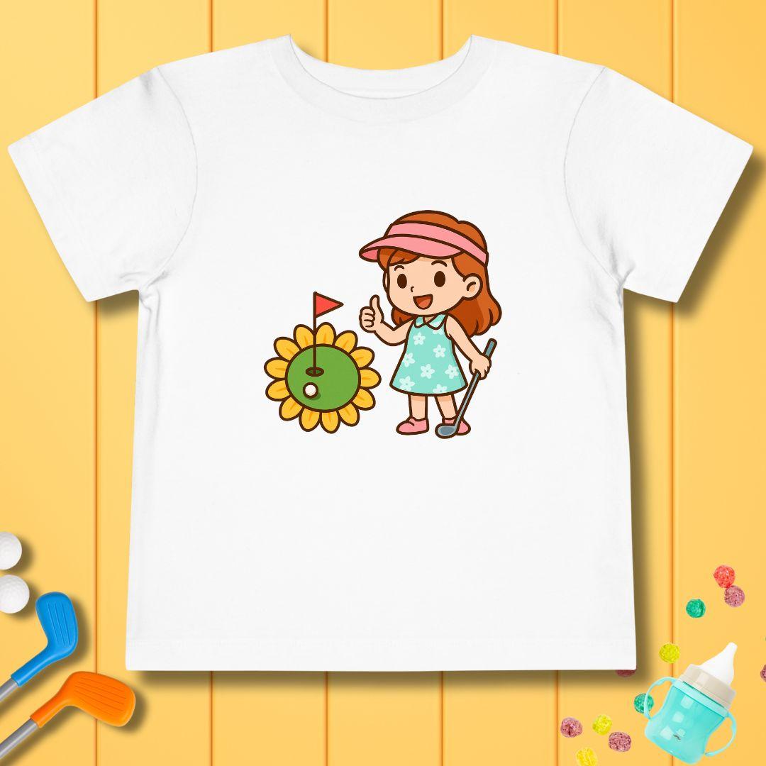 Sunflower Green - Girls Toddler T-Shirt in White, great for casual wear. Find more fun golf focused products at oneforetheages.com