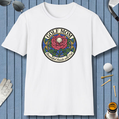 GOLF MOM: BEAUTIFUL INSIDE AND OUT, Stained Glass Rose Tee - Adult Golf T-Shirt in White