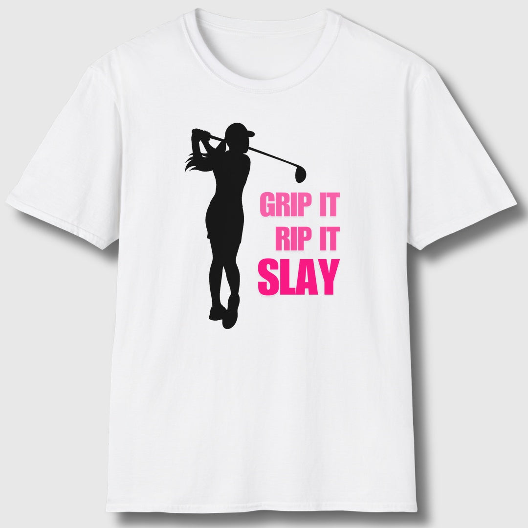 GRIP IT, RIP IT, SLAY (Female) - Adult Golf T-Shirt in White