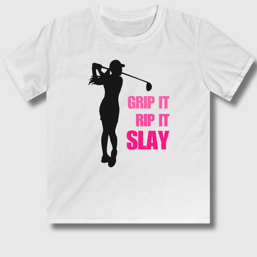 GRIP IT, RIP IT, SLAY (Female) - Youth Golf T-Shirt in White