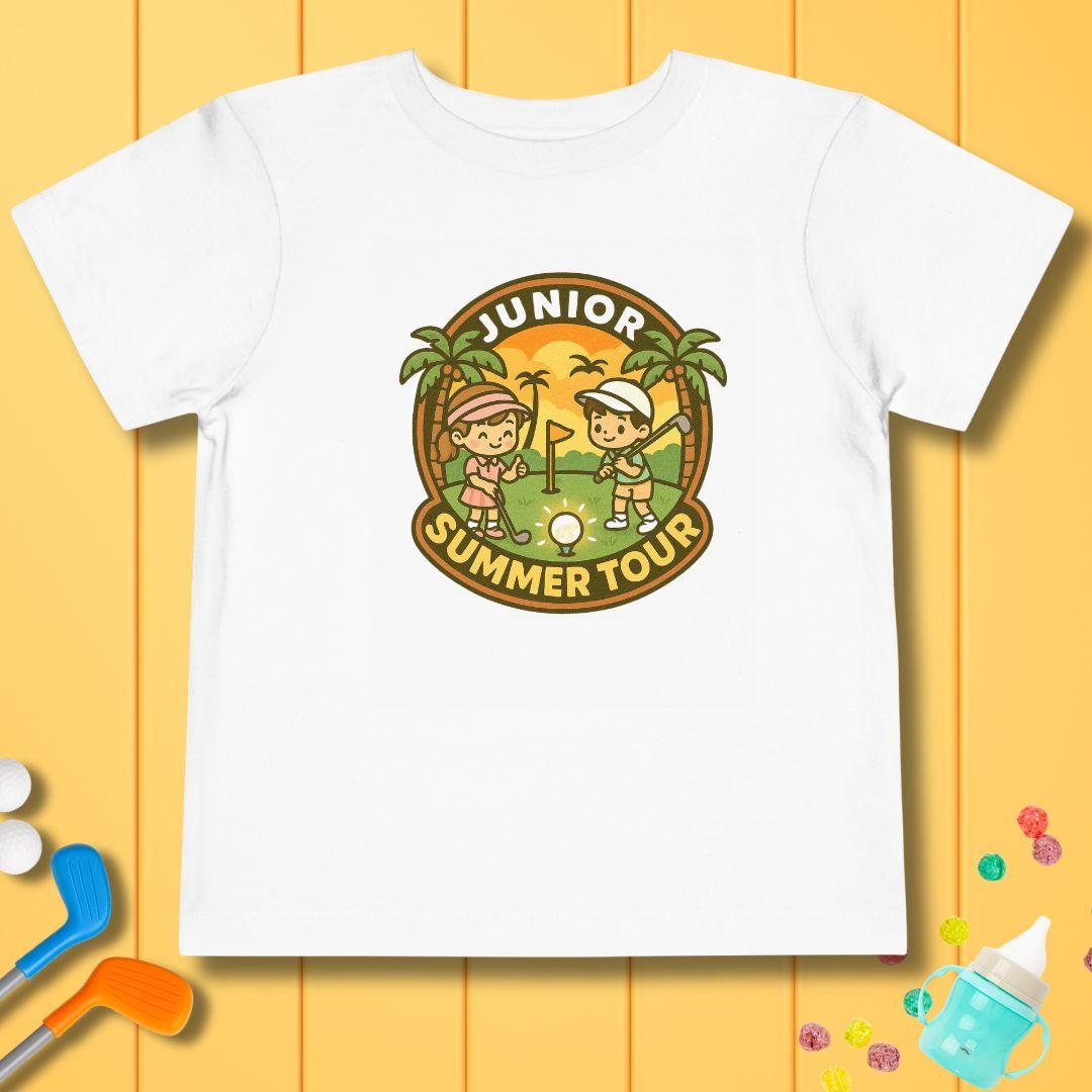 Junior Summer Tour - Toddler T-Shirt in White, great for casual wear. Find more fun golf focused products at oneforetheages.com
