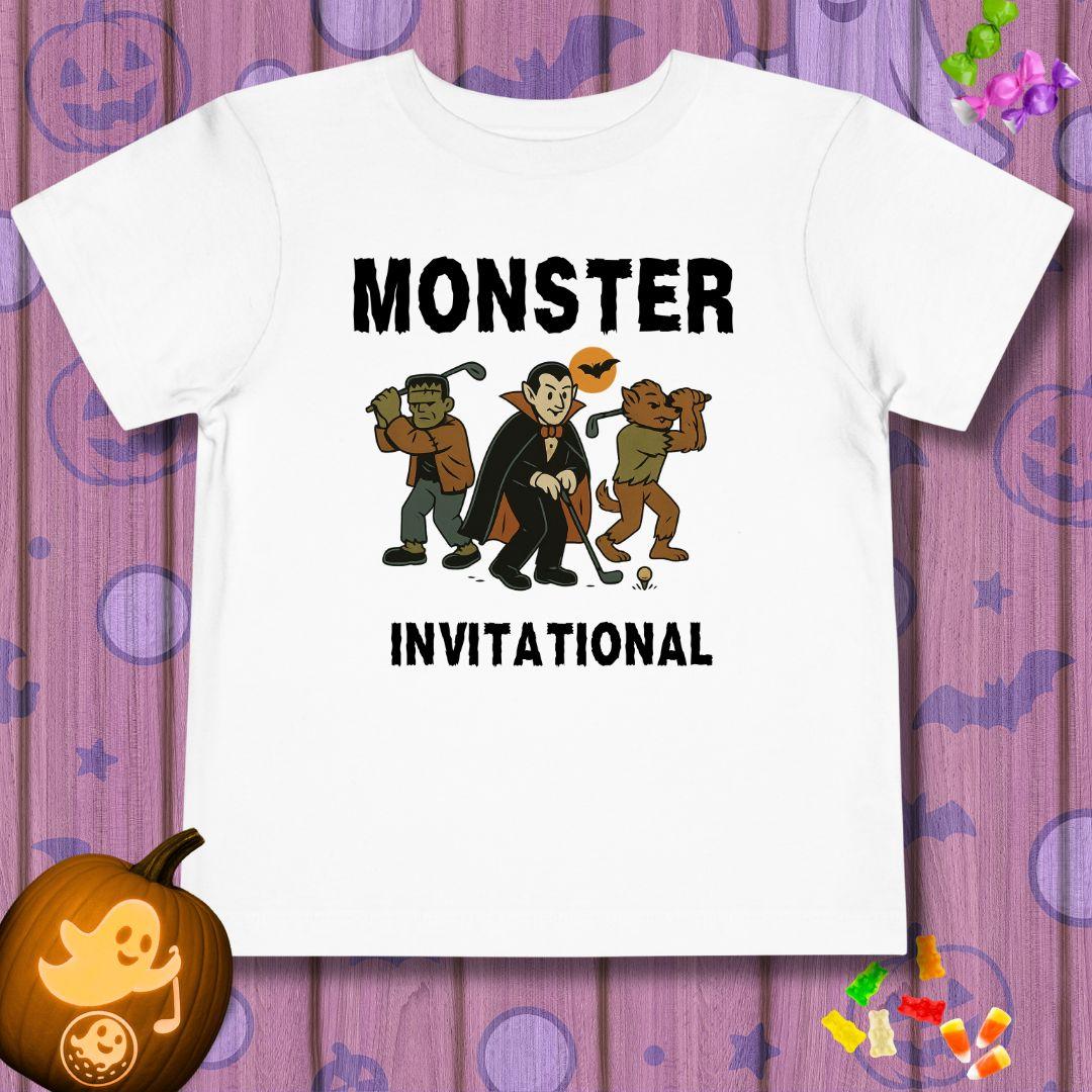 Monster Invitational - Toddler Halloween T-shirt in White, great for casual wear. Find more fun golf focused products at oneforetheages.com