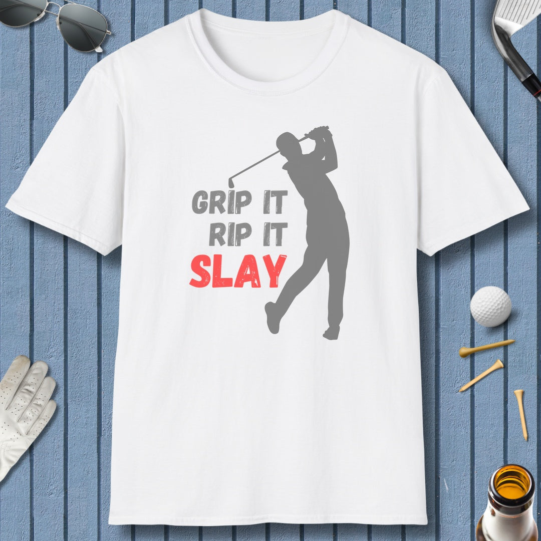 GRIP IT, RIP IT, SLAY (Male) - Adult Golf T-Shirt in White