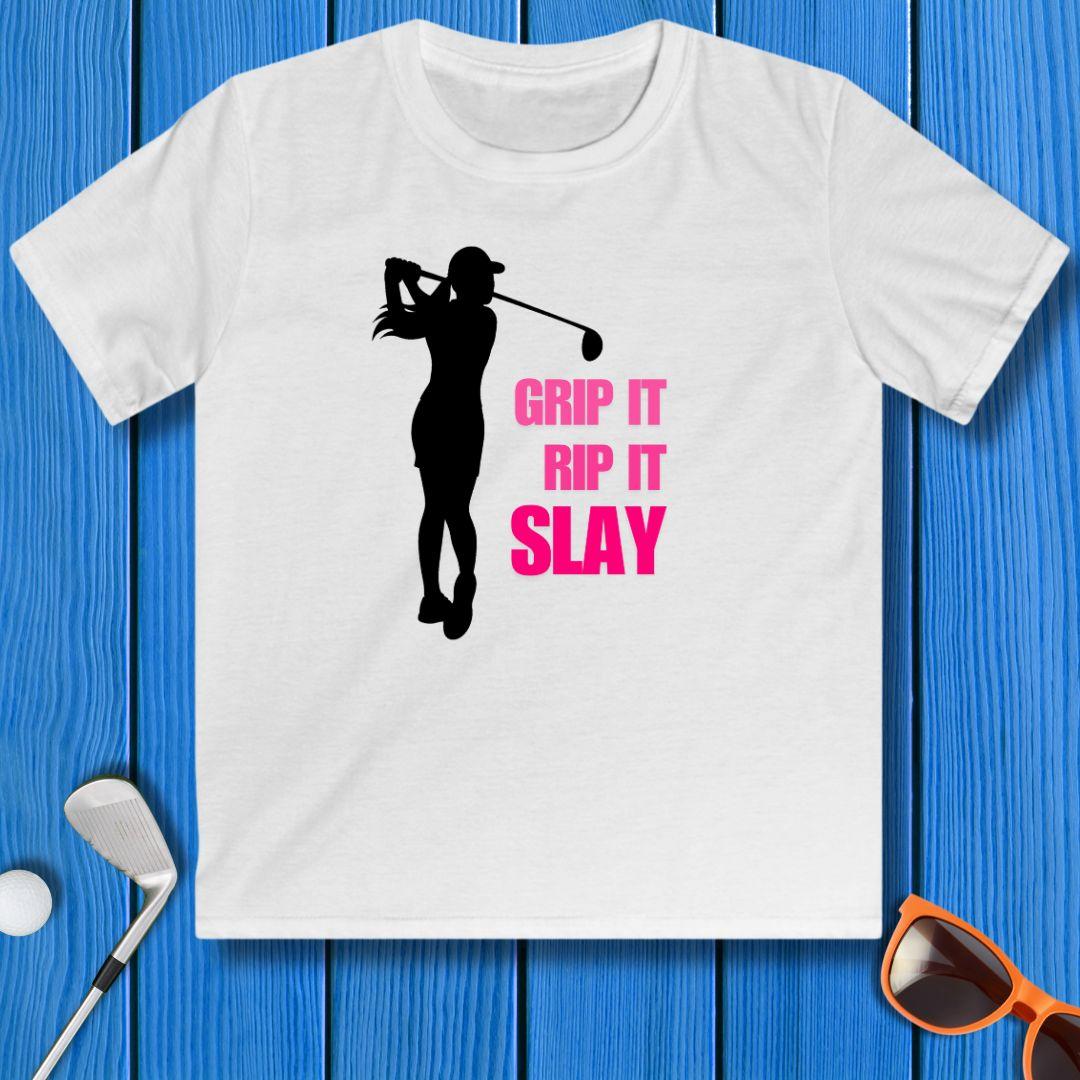 GRIP IT, RIP IT, SLAY - Youth Girls T-shirt in White, great for casual wear. Find more fun golf focused products at oneforetheages.com