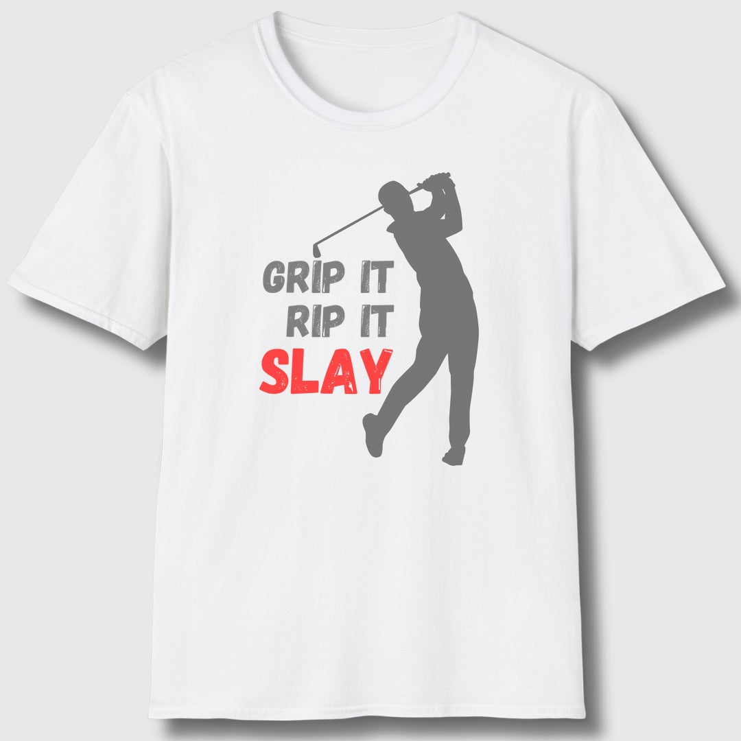 GRIP IT, RIP IT, SLAY (Male) - Adult Golf T-Shirt in White