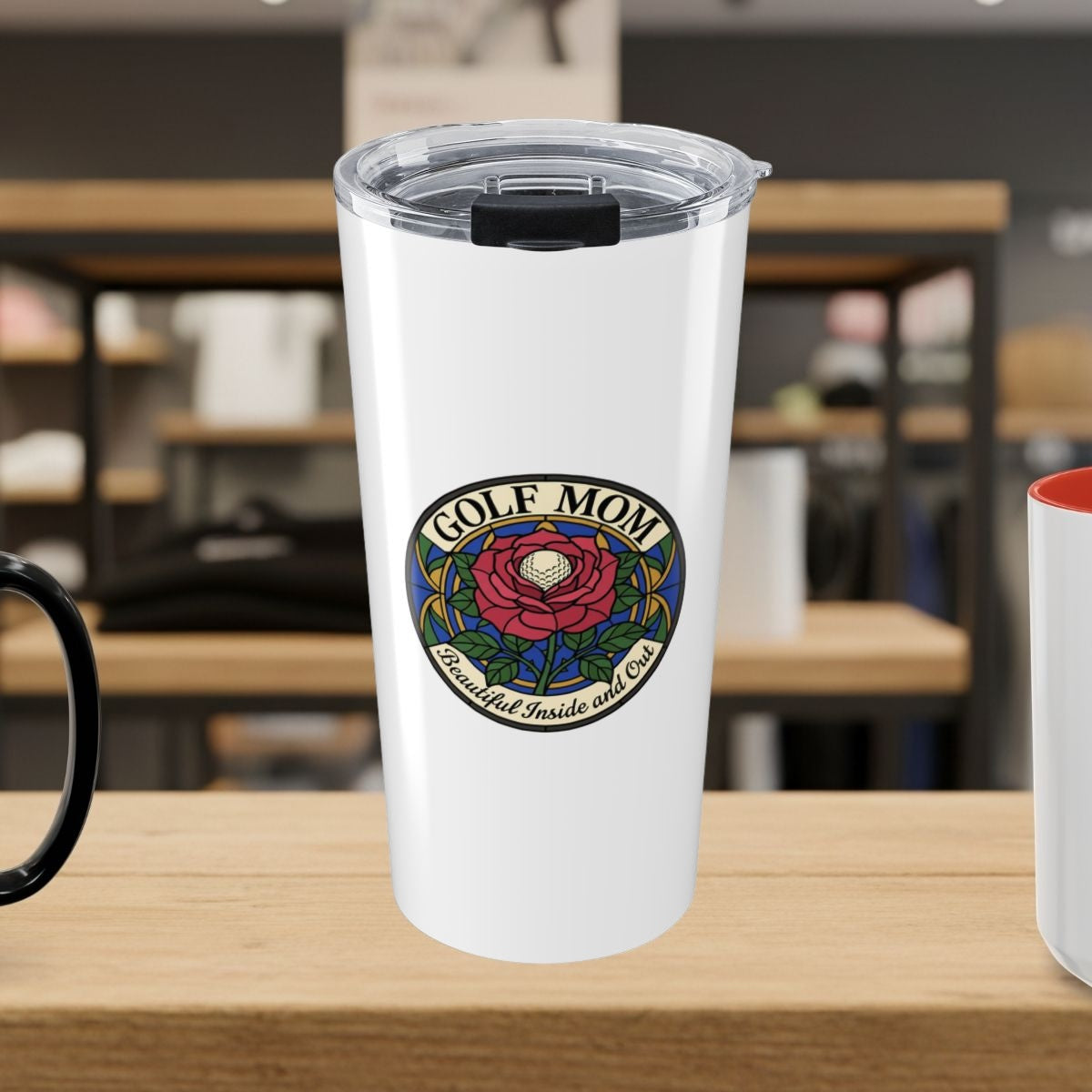 GOLF MOM: BEAUTIFUL INSIDE AND OUT, Stained Glass Rose Tee - 20oz Tumbler in White