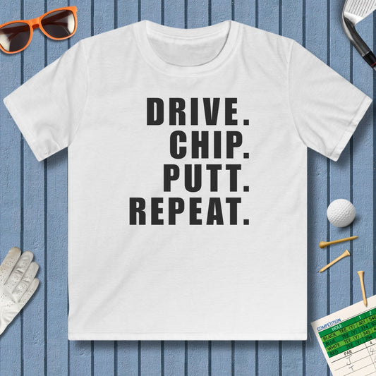 DRIVE CHIP PUTT REPEAT - Youth Golf T-Shirt in White