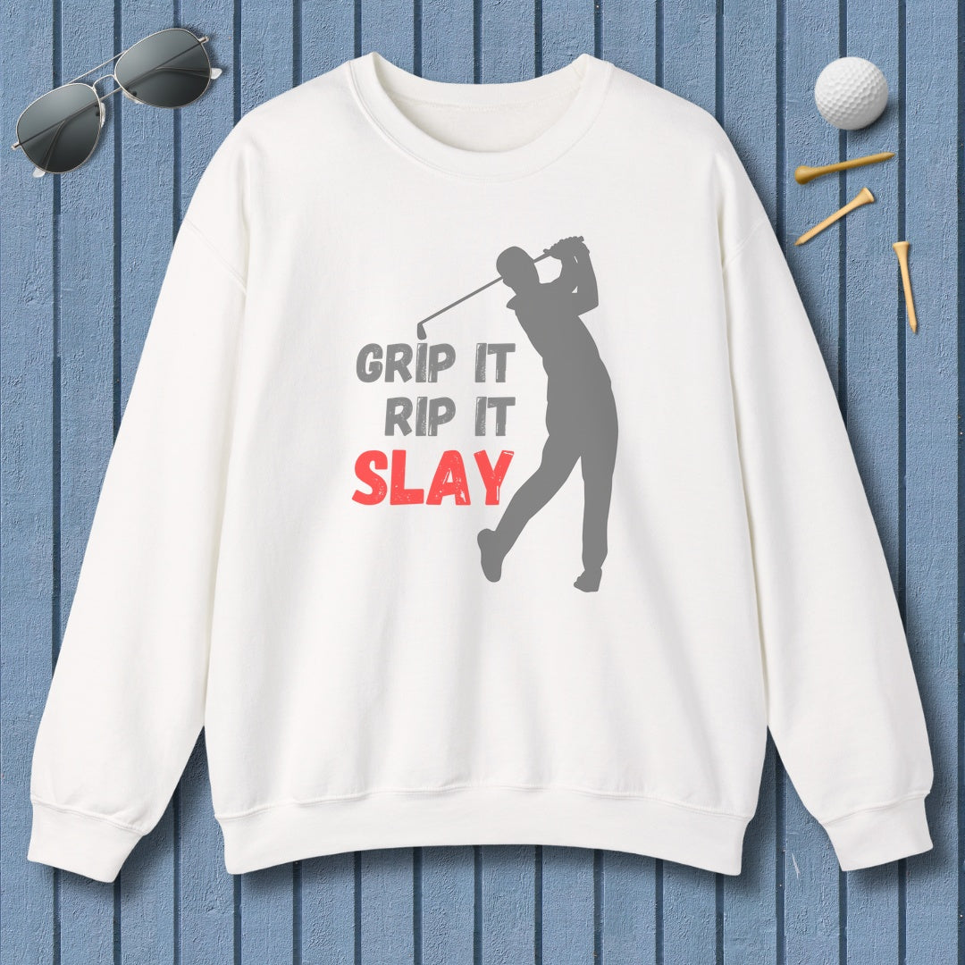 GRIP IT, RIP IT, SLAY (Male) - Adult Golf Sweatshirt in White