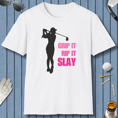 GRIP IT, RIP IT, SLAY (Female) - Adult Golf T-Shirt in White