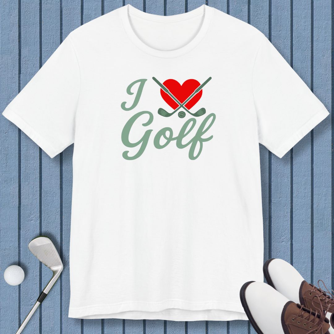 I Love Golf - T-shirt in White, great for casual wear. Find more fun golf focused products at oneforetheages.com