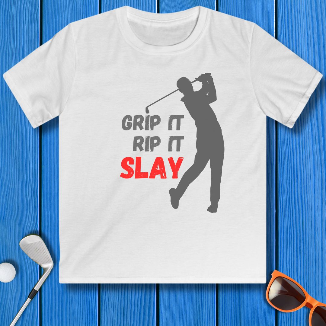 GRIP IT, RIP IT, SLAY - Youth Boys T-shirt in White, great for casual wear. Find more fun golf focused products at oneforetheages.com
