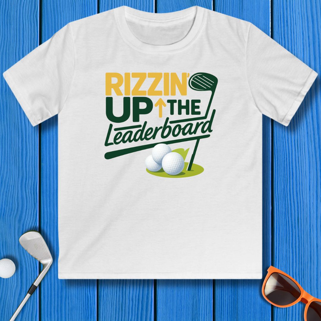 Rizzin' Up The Leaderboard - Youth T-shirt in White, great for casual wear. Find more fun golf focused products at oneforetheages.com