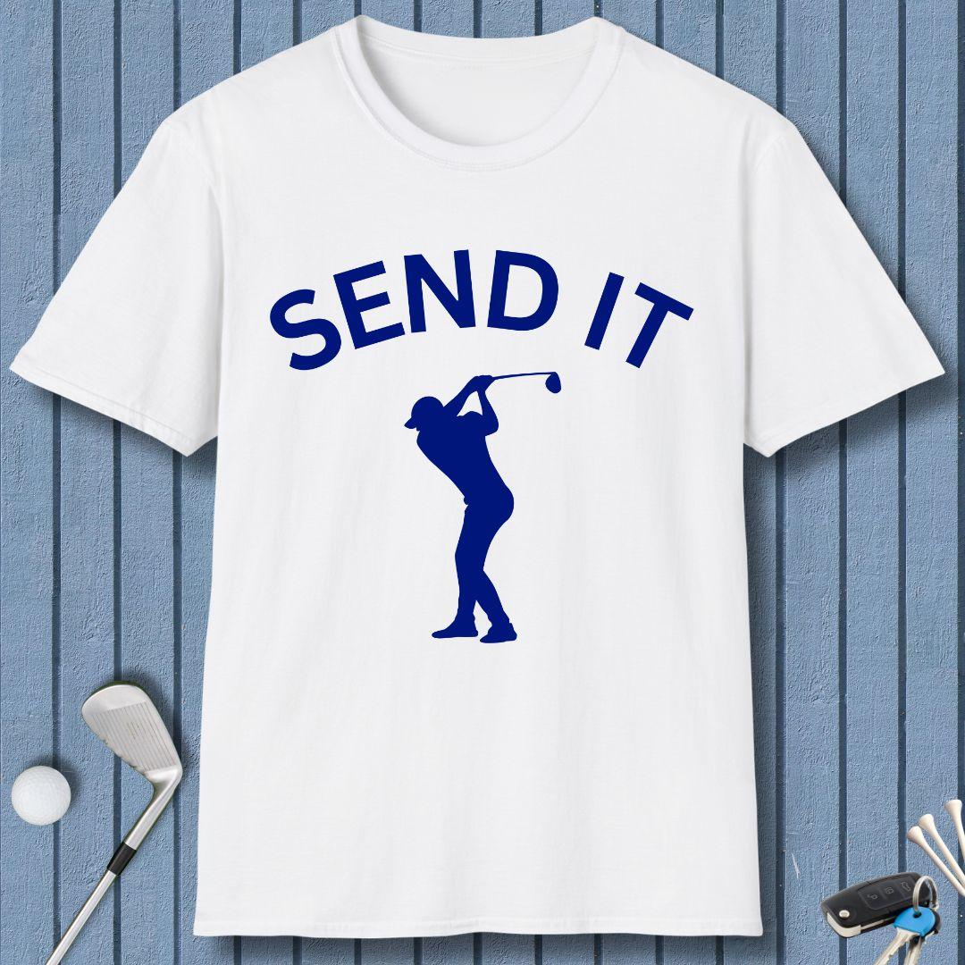 SEND IT - Male Golfer T-Shirt in White, great for casual wear. Find more fun golf focused products at oneforetheages.com