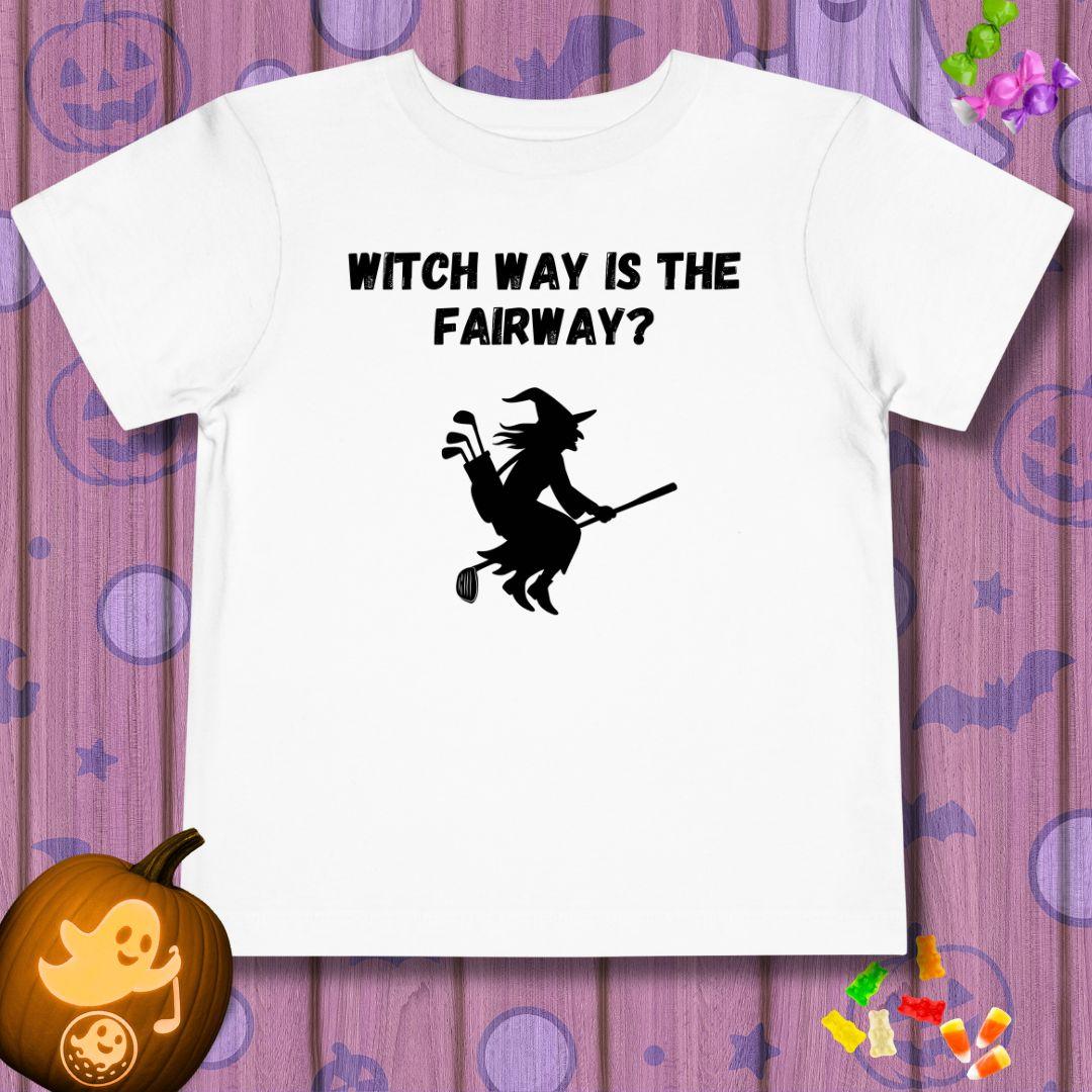 Witch Way is the Fairway? - Toddler Halloween T-shirt in White, great for casual wear. Find more fun golf focused products at oneforetheages.com