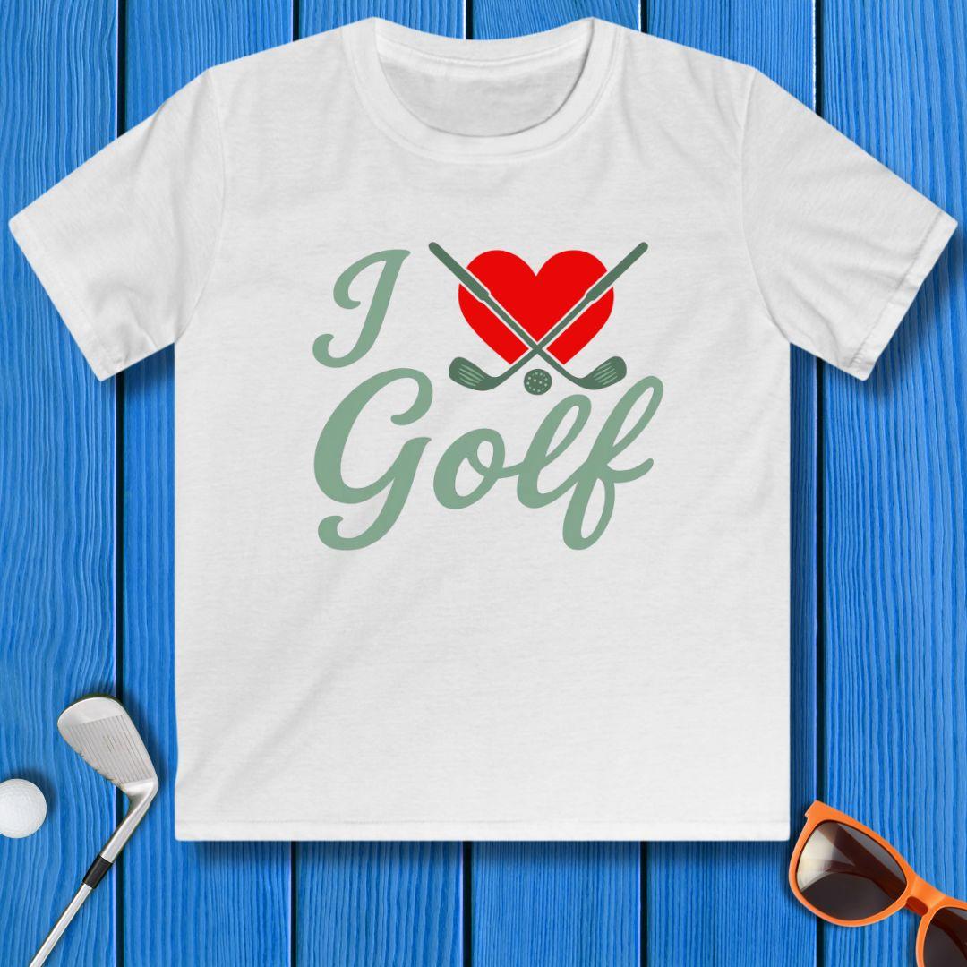 I Love Golf - Youth T-shirt in White, great for casual wear. Find more fun golf focused products at oneforetheages.com