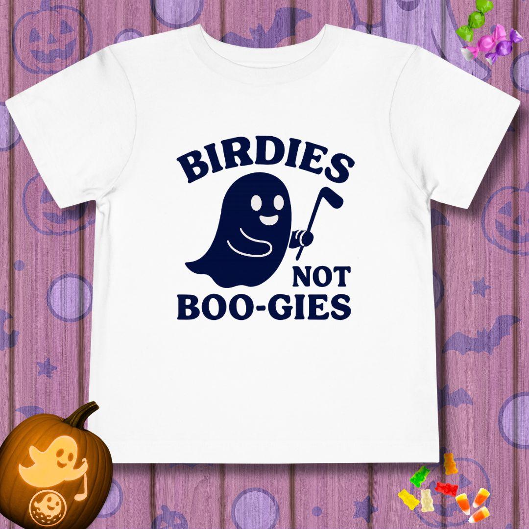 BIRDIES not BOO-GIES - Halloween - Toddler T-Shirt in White, great for casual wear. Find more fun golf focused products at oneforetheages.com